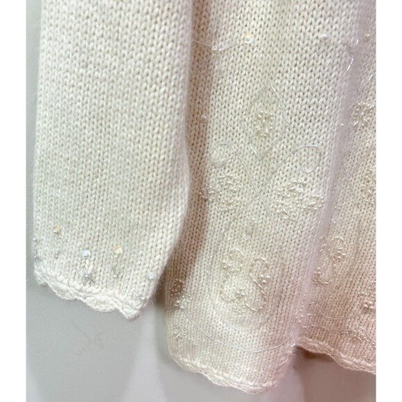 VTG 90s Croft Barrow Hand Knit Chunky Sweater sz M Ivory Ramie Angora Beaded Y2K - Picture 5 of 16